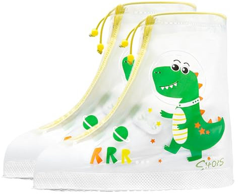 HIMKI Fundas para zapatos de lluvia para niños, impermeables, reutilizables, antideslizantes, para exteriores, protección contra la lluvia y a prueba de arena, zapatos de lluvia (dinosaurio, L, 32-34)