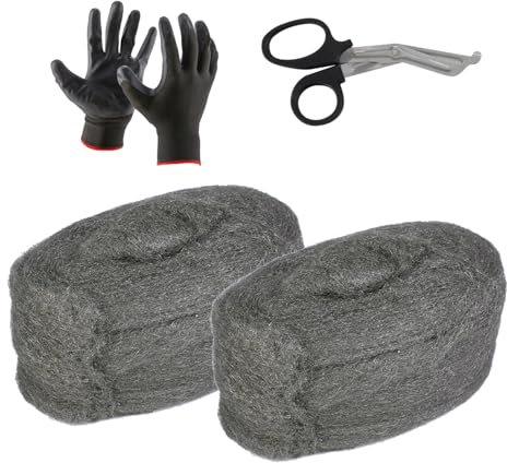 Steel Wool Mice 2 Piece, Coarse Wire Wool Rat Control Gap Blockers with Work Gloves and Scissors, DIY Fill Fabric Kit To Stop Rats Mice Insect Pests, 3m Roll Each
