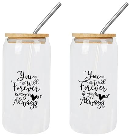 Yelolyio Lot de 2 gobelets en verre avec couvercles en bambou et pailles « You Will Forever Be My Always » - Tasse à boba « Happy Mother's Day » - Idéal pour les femmes, les hommes, les enseignants et