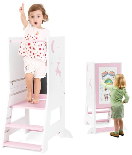RELAX4LIFE 3 en 1 Torre de Aprendizaje para Niños, Torre Montessori de Altura Ajustable con Pizarra Doble Cara y Pies Antivuelco, Torre Aprendizaje para Niños 1-7 Años, Carga 70kg (Rosa)