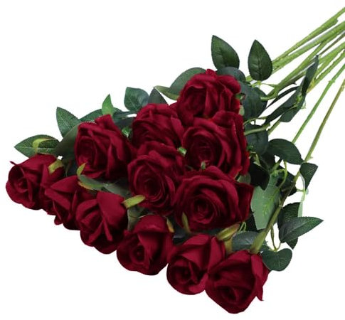 12 Stücke Kunstblumen Seidenblumen Rosen 51 * 7cm Kunstblumen Blätter und Verstellbare Stiele,Realistisch und Weich Künstliche Blumen für DIY Hochzeitsfeier,Valentinstag,Zuhause Dekoration(Tiefrot)