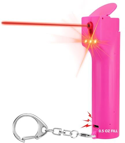 3-in-1 Persönlicher Alarm für Frauen, Pfefferspray Schlüsselanhänger & 130 dB Self Defense Sirene & Rote Stroboskoplichter, Wiederaufladbar & Sicherheitskappe mit Flip-Top, Austauschbarer Kanister