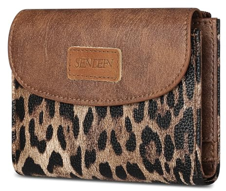 SENDEFN Purses for Women Leather Bifold Small Women's Cow Print Purses RFID Blocking Card Holder Wallet for Women with Zipper Coin Pocket