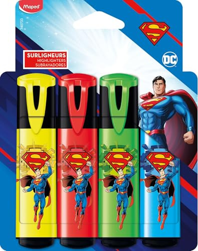 Maped - 4 surligneurs Superman aux Couleurs Éclatantes - Pointe biseautée - Surligneurs Longue Durée pour Usage Scolaire et Professionnel - Jaune + Rouge + Vert + Bleu