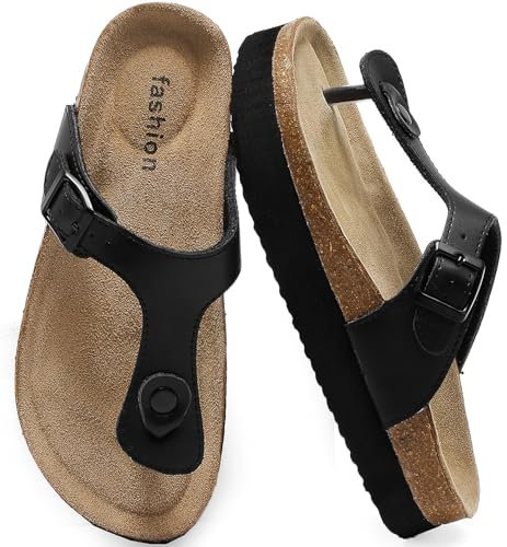 Plateau Zehentrenner Damen – Bequeme Kork Fußbett Sandalen mit Verstellbarer Schnalle, Rutschfeste Sommer Schlappen & Stylische Flip Flops für Frauen
