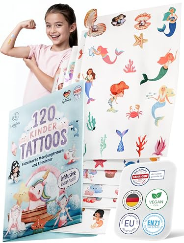 Lunablu 120 Hudvänliga Barntatueringar [Dermatologiskt Certifierade] Gjorda i Tyskland | Present för Barn | Barntatueringar för Pojkar och Flickor | Tatuering - Enhörningar & Sjöjungfrur