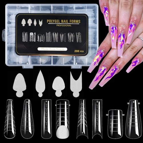 JSRQT 288Pcs Polygel Dual Nail Forms Kits,False Nail Tips Extension Kit,Reusable Silicone Nail Mold Pads Tips Stickers for Gel Builder,8 Styles 12 Sizes