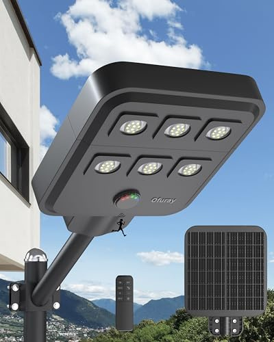 Ofuray Of-5000W Lampione Solare Led Esterno con Sensore di Movimento e Crepuscolare, 6500K Super Faro Led Esterno, Impermeabile IP67 Commerciali Lampada Stradale Solari per Giardino, Cortile