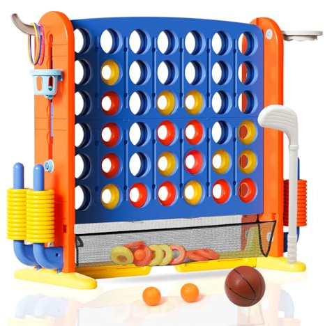 Giant Connect 4, Family Games for Kids and Adults, Indoor/Outdoor Giant Garden Games with Basketball Hoop, Ring Toss, 42 Jumbo Rings, Golf Game, 4 in A Row Game Set, Gifts for Boys Girls