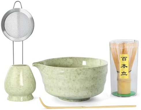FrostyFlair Matcha Set, 5 Piece Classic Green Matcha Tea Set, Chasen, Spoon & Stainless Steel Sieve with Ceramic Bowl and Stand