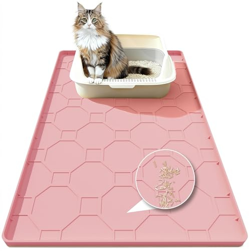 Large Cat Mat for Litter Box,86 X 56 cm Silicone Cat Litter Mats, Non-Slip Waterproof Surface, Raised Edges Prevent Leaks And Keep Floors Clean (Pink)