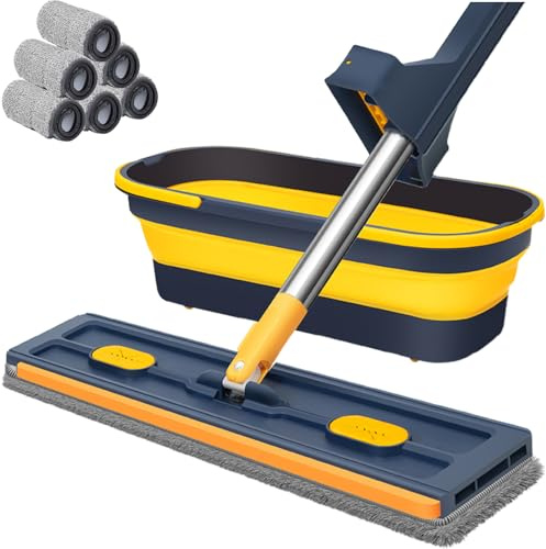 2025 New Large Flat Mop with 6 Reusable Mop Head Dry and Wet, Flat Mop and Bucket Set, Adjustable Handle Self Wringing Flat Mops, 360 Rotation Flat Mop (Blue with 6pcs Mop Head)