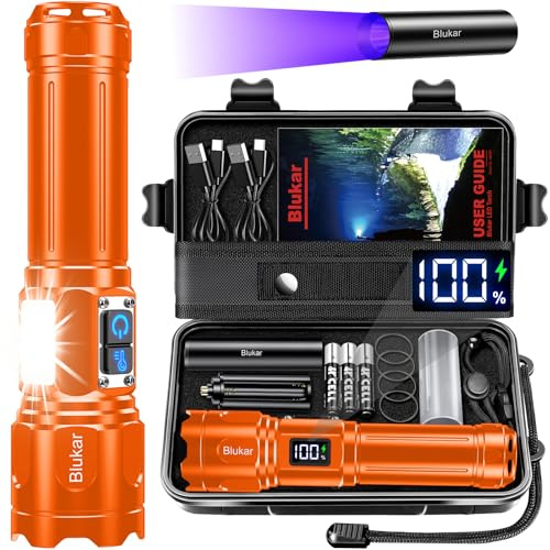 Blukar Torcia LED Potente Professionale, Ricaricabile Super Luminoso Zoomabile Torcia Alta Potenza con Luce Laterale COB, 2 Temperature di Colore & 7 Modalità Impermeabile per Campeggio/Emergenza
