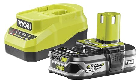 RYOBI Pack Chargeur Rapide 18V 2,0A + Batterie Lithium+ 2,5Ah One+™ RC18120A-125 – Recharge en 75 Min, Indicateur 4 LED, Cellules Haute Capacité, Protection Antichoc