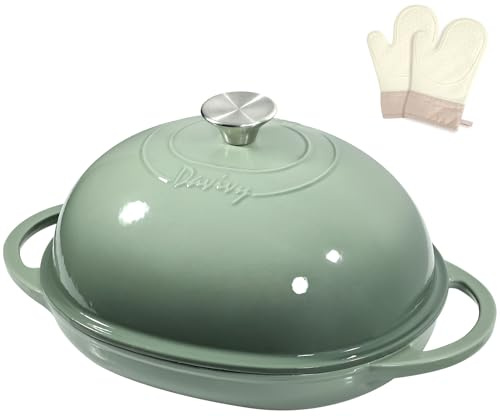 Davivy Horno holandés ovalado de hierro fundido de 6 cuartos para pan de masa madre, olla holandesa de 8.7 x 11 pulgadas con tapa abovedada, olla de pan de hierro fundido esmaltado (verde sal marina