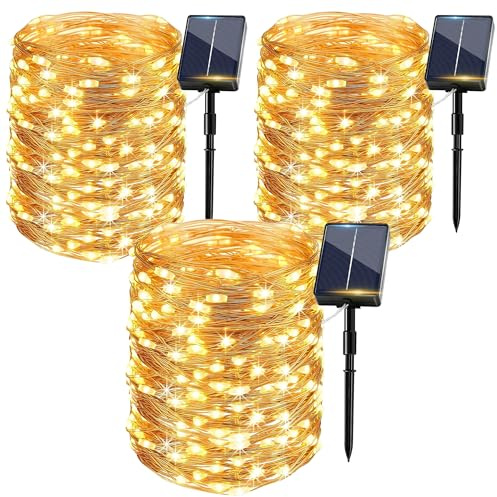 Guirnalda Luces Exterior Solar 3 Pack, 15M 150LEDs Blanco Cálido, Luces Solares LED Exterior Jardin IP65 Impermeable 8 Modos, Luz Solares Exteriors para Terraza Bodas Fiestas Patio Arbol Decoracion
