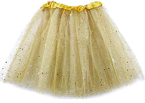 MUNDDY® - Tutu Elastico Tul 3 Capas 30 CM de Longitud para niña Bebe Distintas Colores Falda Disfraz Ballet (Dorado con Purpurina)
