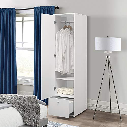 KB Designs Wardrobe Armoire Hanging Storage Closet with Garment Rod, Adjustable Shelf and Drawer, Compact Freestanding Bedroom Organizer Cabinet with Drawer Storage Unit, White