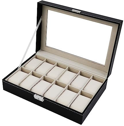 Nuangoo Scatola Porta Orologio con Serratura Fibbia in Metallo,Scatola Portaorologi,Cuscinetti Rimovibili,Scatola Porta Orologi 12 Scompartimenti Box Storage in Pelle