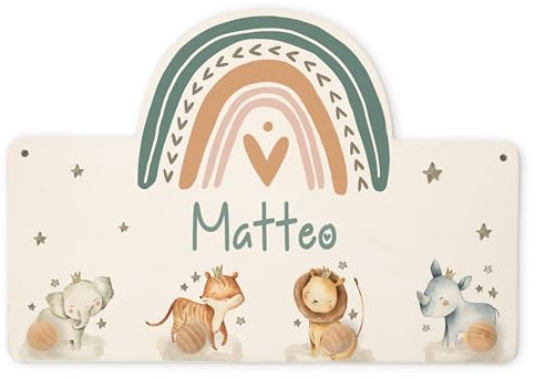 Kidsmood Personalisierte Garderobe mit Wunschnamen, Kleiderhaken aus Holz mit niedlichem Motiv für Babyzimmer, individuelle Garderobenleiste für Kinderzimmer