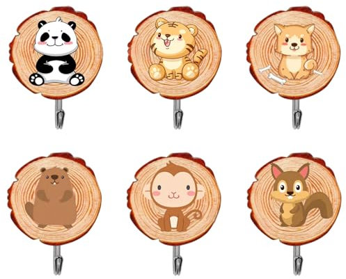 duisoad 6 Stücke Kindergarderobe, Klebehaken Kinder Kleiderhaken Kinder Wandhaken aus Holz in Tierformen für Aufhängen von Flaschenöffnern, Handtüchern, Bürsten, Hüten, Gürteln