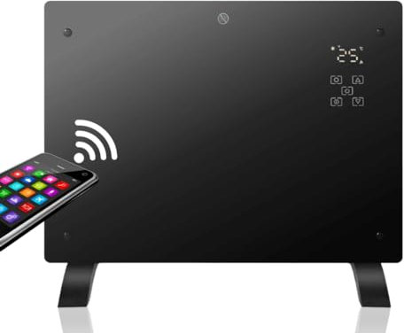Radiatore elettrico in vetro temperato, a basso consumo, calore istantaneo, Power Smart Heater, 1500 W, WIFI, termostato, timer, supporto per terra, protezione surriscaldamento, silenzioso, nero