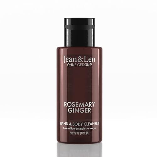 Jean & Len Mini Hand & Body Cleanser Rosemary & Ginger, para una experiencia de limpieza perfumada, jabón corporal y de manos, ideal para viajar, fragancia fresca vigorizante, vegano, 50 ml