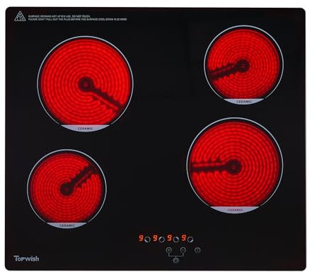 Topwish placa vitroceramica 4 fuegos, vitrocerámica 4 fuegos, vitrocerámica encastrable 60cm con 9 niveles, cierre de seguridad, indicador de superficie caliente, 6000W