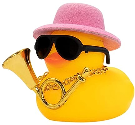 Giwnuq Pato para - Decoración de pato de goma para con chirrido,Decoración de pato para salpicadero de con sombrero, collar de instrumentos musicales, gafas de sol para salpicadero de, hogar