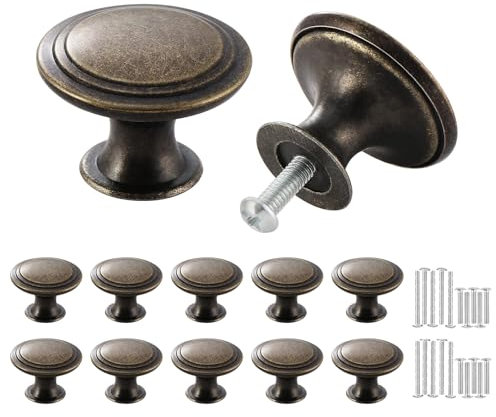 Misuyue 10 Stück Möbelknöpfe Vintage, 30mm Schrankknöpfe Bronze Farbe Runde, Türknöpfe Zinklegierung mit Schrauben für Schublade, Schrank, Möbel, Küchenschränke, Kleiderschrank