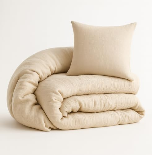 ALAVYA HOME® Barnsängkläder 135 x 200 2 delar, Oeko-Tex certifierad och lämplig för allergiker | sängkläder i muslin, barn set med 1 påslakan vardera, 200 x 135 och 1 örngott 40 x 60 | beige