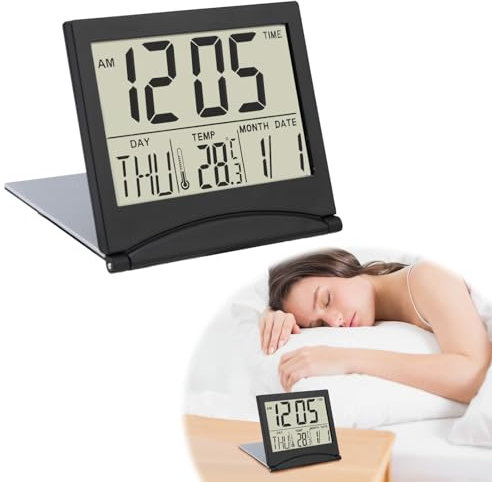 Fuitke Digital LCD Travel Alarm Clock, Small Foldable Digital Clock with Date Day Calendar Temperature Display Portable Office Compact Clock Battery Operated Desk Clocks for Table Home Use (Black)