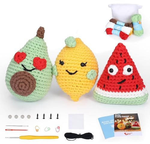 TANGHSE Crochet Kits for Beginners - 3Pcs Fruit Stitch Stuff for Adults Kids Crochet Starter Kit Beginners Crochet Kit Crochet Accessories Crochet Gifts for Crochet Lovers, Tutorial Included