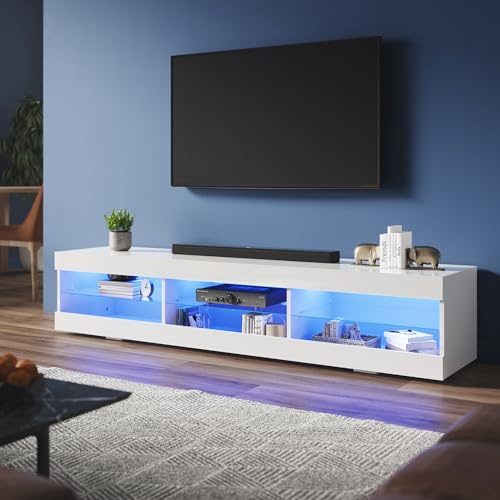 ZANOFIRA LED TV Unit Stand with RGB LED Lighted, High Gloss TV Stand with 3 Glass Open Shelf Storage, Modern TV Cabinet for Living Room, 1800x400x350mm, White