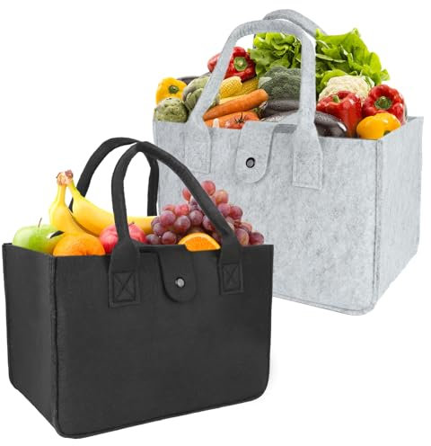 PRZRAO 2 Stück XXL Filztasche Shopper 39 x 26 x 20 CM Einkaufskorb Shopper Faltbar Filztaschen Shopper Beige Grau Filztasche Einkaufstasche für Lebensmitteleinkauf Aufbewahrung Hause