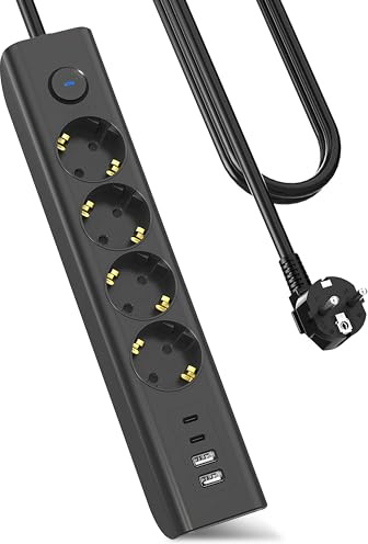 Steckdosenleiste 8 n 1 Mehrfachsteckdose mit USB, 3680W Steckerleiste mit Schalter,16A Mehrfachstecker mit 2 USB C, Wandmontage Steckdose Verteilersteckdose für Smartphones,iPAD,1.8M Kabel Schwarz