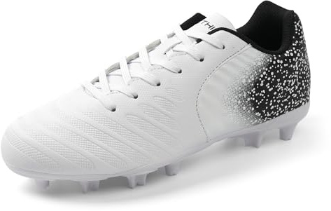 FEETHING Women Soccer Cleats Firm Ground Lace-Up Youth Soccer Shoes Light-Weight Outdoor Training Football Sneakers Big Kid,White,9