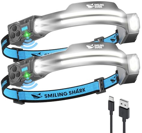 Smiling Shark TS-2 Lampada Frontale LED, Torcia da Testa Ricaricabile 2400mAh 2 Proiettori Orientabili & Luce Inondazione & Strobe Headlamp con Sensore di Movimento per Camping Jogging Corsa (2 PACK)