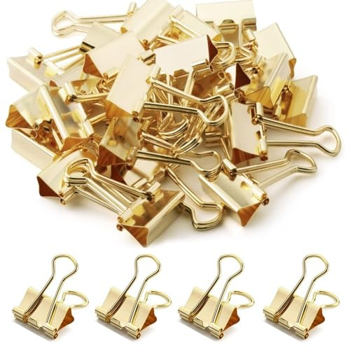 MIYUANGKJ 100 PCS Golden Binder Clips Bulldog Clips 19mm Metal Foldback Clips Paper Clips Clamps Small for Office Supplies School Home Organizing Files Money Papper Stationary