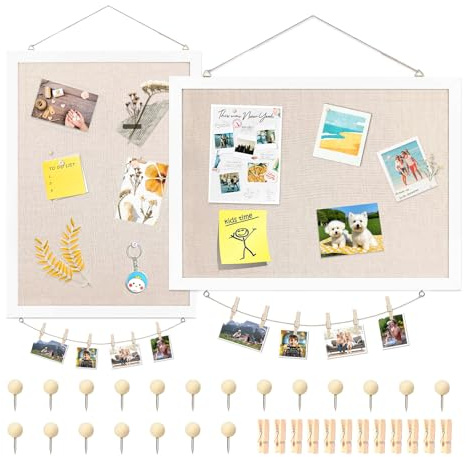 2 Stück Pinnwand Kork mit Leinen Korkwand Pinnwand Klein 30×40cm Pinwand mit Weißem Rahmen Korktafel für Küche, Büro, Schule, Heim, Wand Dekoratives Aufhängen mit 20 Reißzwecken 12 Clips