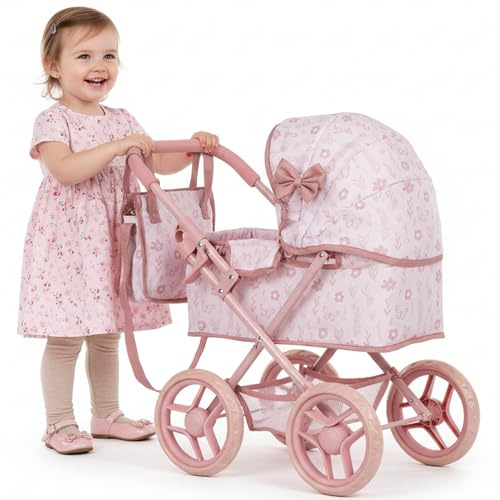 Passeggino per bambole Kinderplay dai 3 anni in su – Navicella profonda con borsa e cestino – Struttura leggera con ruote in schiuma silenziose – Passeggino giocattolo per bambole fino a 30 cm