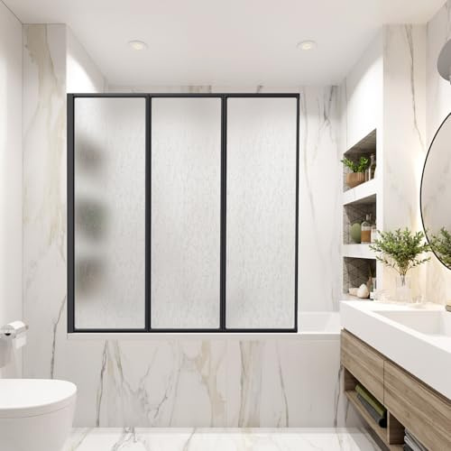 Vkechh Mampara de ducha para bañera de 120 x 140 cm, 3 piezas, plegable de plástico PS irrompible, mampara de ducha con marco de aluminio negro, accesorio para bañera con estructura de gotas como