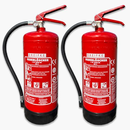 2 Pulver Feuerlöscher 6kg | Geeignet für die Brandklassen ABC | 43A 233B C | 12 Löscheinheiten (LE) | Gemäß DIN EN 3-7 | mit Wandhalterung