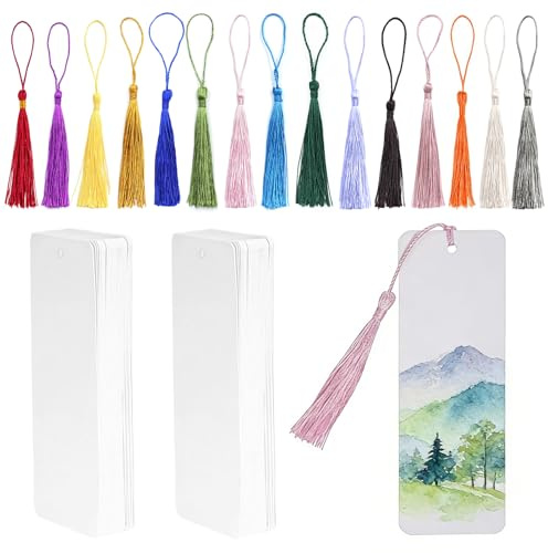 EnixwH 90 Piezas 14 x 4,9 CM Marcapaginas Papel Marcapaginas Personalizado Punto de Libro con Agujero Borlas para Manualidades Artículos Bricolaje y Decoración (Blanco)