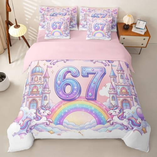 Loussiesd Sex sju 6 7 påslakan med lakan 7 delar, super king size, flickor, söt enhörning, sängklädesset för barn, pojkar, flickor, lila slott ballongsäng i en väska, rumsdekor, mjuk, lätt mikrofiber