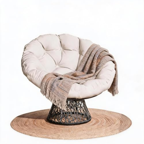 Acekool Sillón Papasan Giratorio Interior Exterior Mimbre Negro - Cojín Espeso 15cm - Estructura Acero Fuerte - Capacidad 159kg Impermeable - para Salón, Patio
