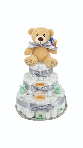 Tarta de pañales con productos Nutraisdin color gris (Talla 2 (3-6 kg)) by MomentosGourmet. Regalo para bebé muy práctico. Cesta Canastilla recién nacido. Diaper Cake