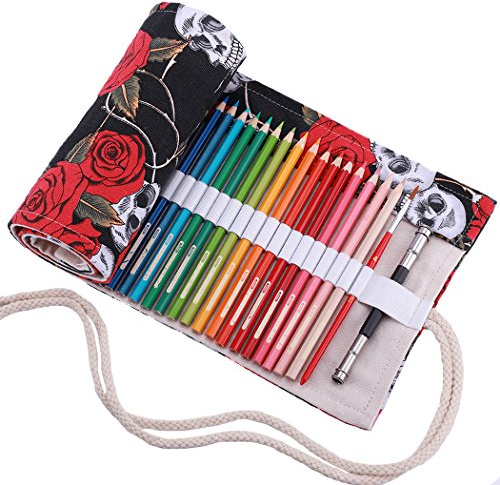 Amoyie Colouring Pencil Case 36 Slots, Roll Up Pen Holder, Pencil Wrap | Skull, Canvas Organiser Bag for Coloured Pen, Foldable Carrier for School, Outdoor, Artist Storage Bags, Large Capacity