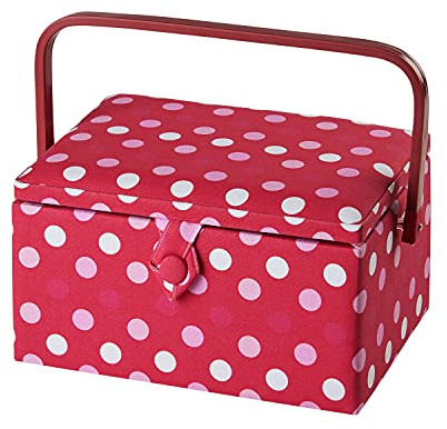 Sewing Online Medium Sewing Box,Red Spot Fabric | 26 x 18 x 15cm | Storage and Organiser Basket with Compartments for Sewing Supplies,Accessories,Thread,Needles,and Scissors - GA1126M