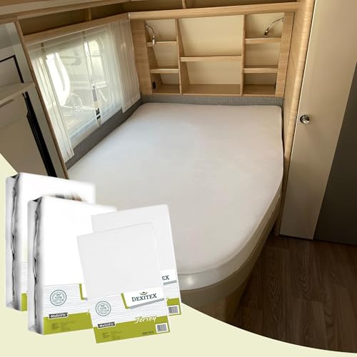 Dexitex - Lenzuola per Camper 4 pezzi - 2 Lenzuola + 2 Coprimaterasso Camper - Materassi per Camper - Accessori per Camper - Letti Francesi - Oeko-TEX - 100% Cotone - Bianca